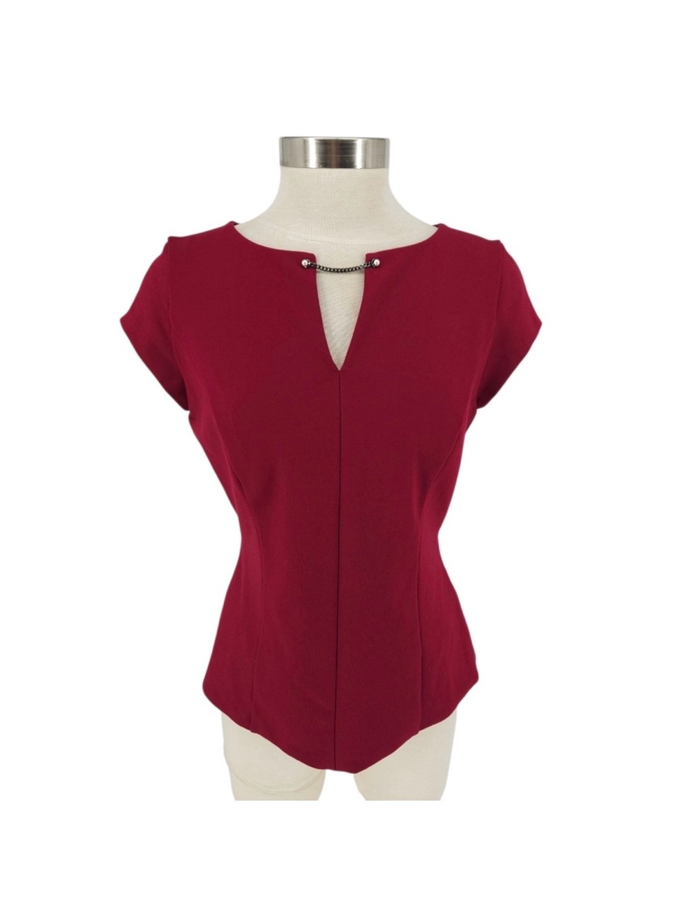 White House Black Market Blouse Red Short Sleeve Pearl Keyhole Neck Zip Top 6